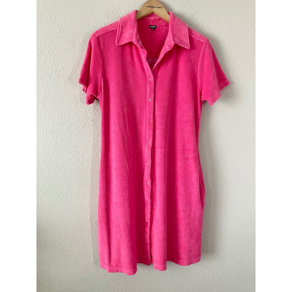 MONROW Terry Cloth Shirt Dress S Coastal Resort Cruise Beach Coverup Azalea Pink